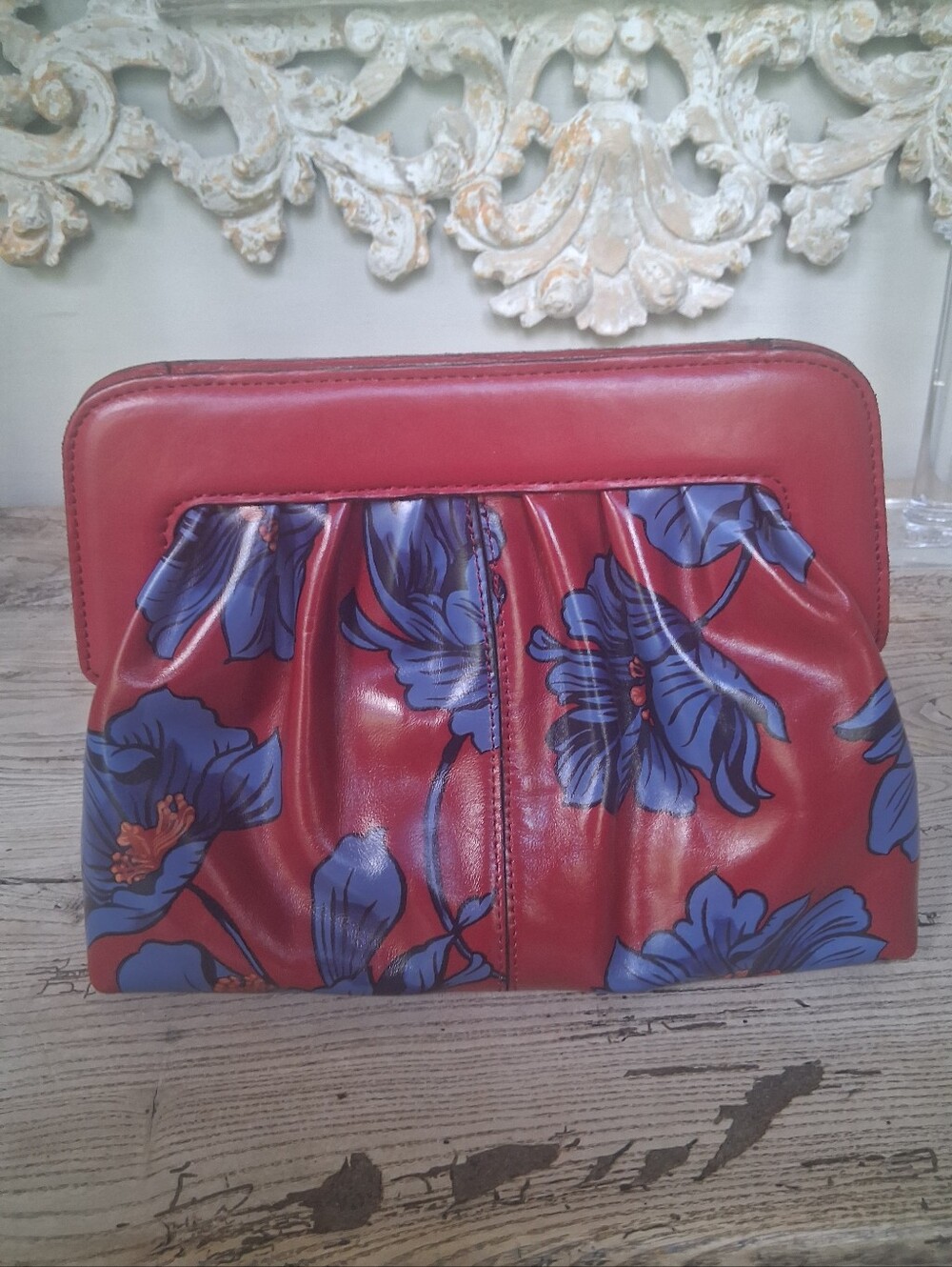 Patricua Nash Red Blue Leather Zelia Framed Clutch With brushed brass Handle Bag - Picture 4 of 9